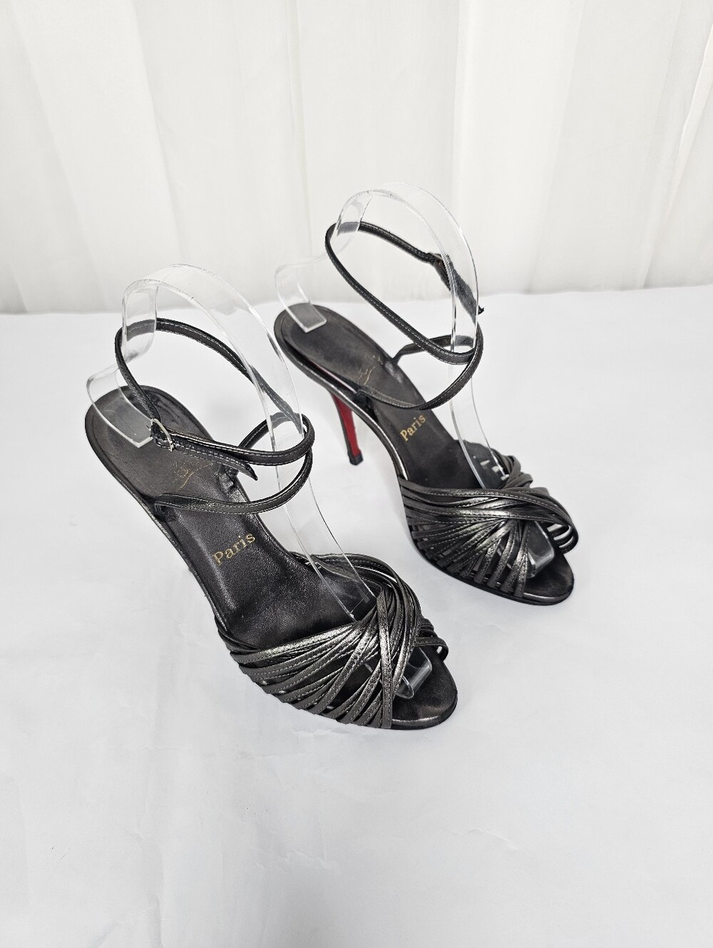 Christian Louboutin Metallic Dark Gunmetal Silver Strappy Sandals Heels 37.5